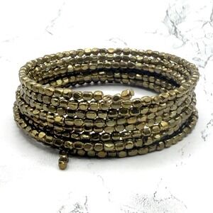 Gold Tone Memory Wire Wrap Bracelet Multi Coil Beaded Boho Stacking 1x7.5"